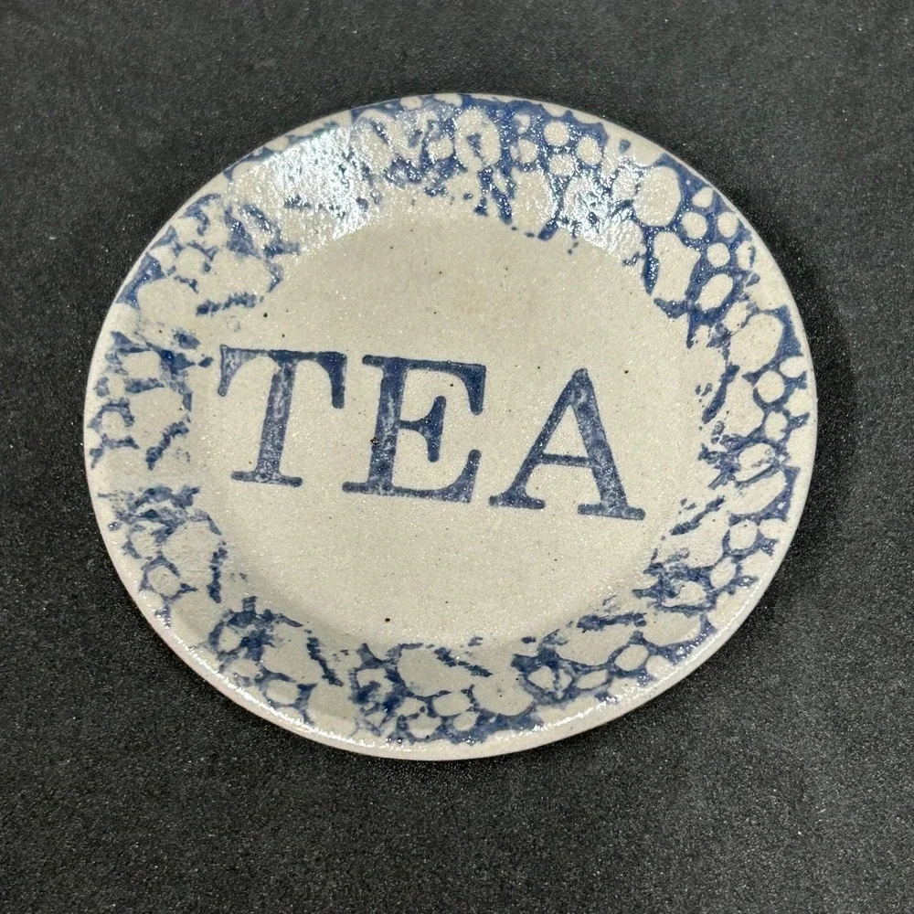 Blue Spongeware Ceramic Tea Bag Rest Salt Glazed Trinket Dish Rustic Farmhouse